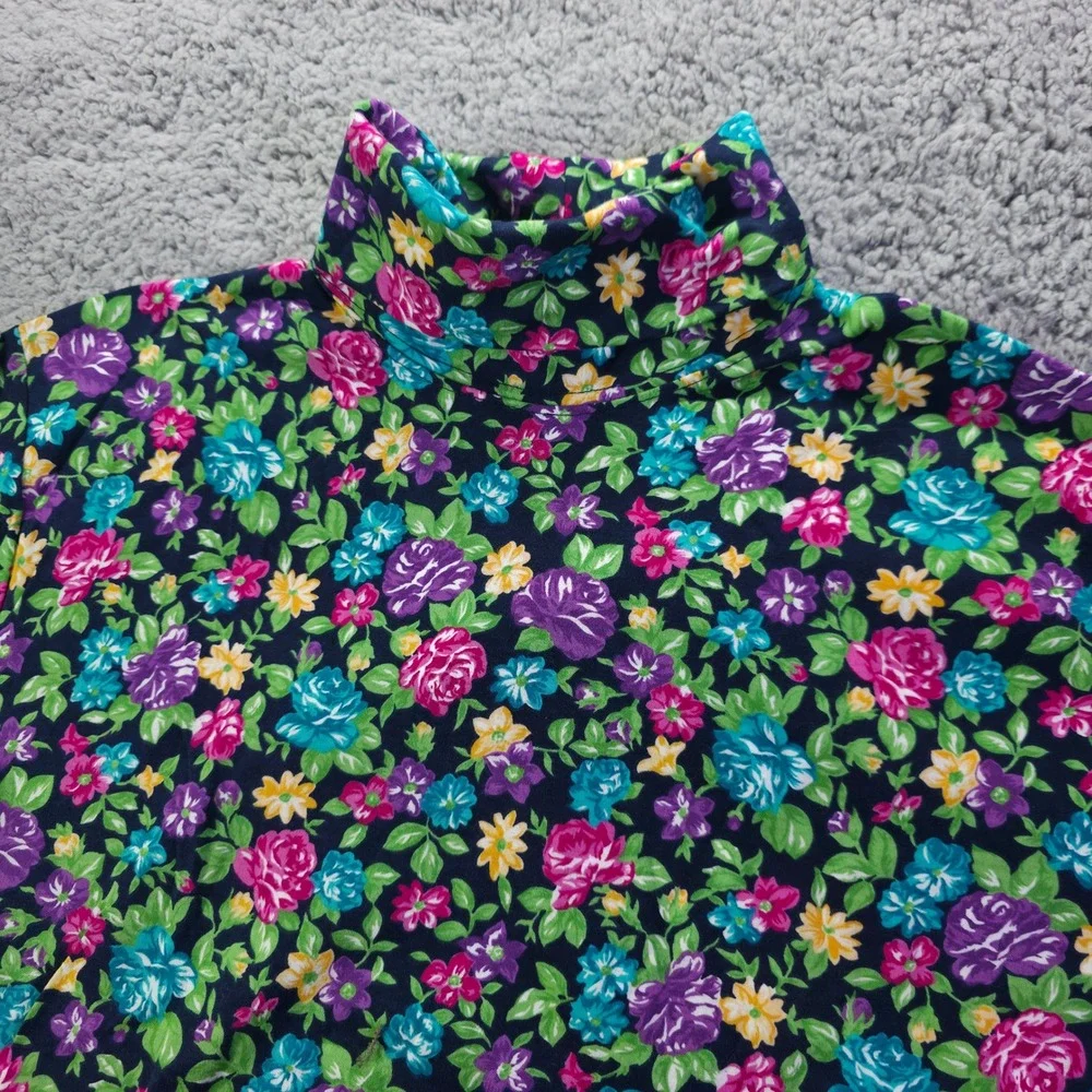 Hunt Club Womens Small Floral Turtleneck Long Sleeve Cotton Top Navy Pink Multi